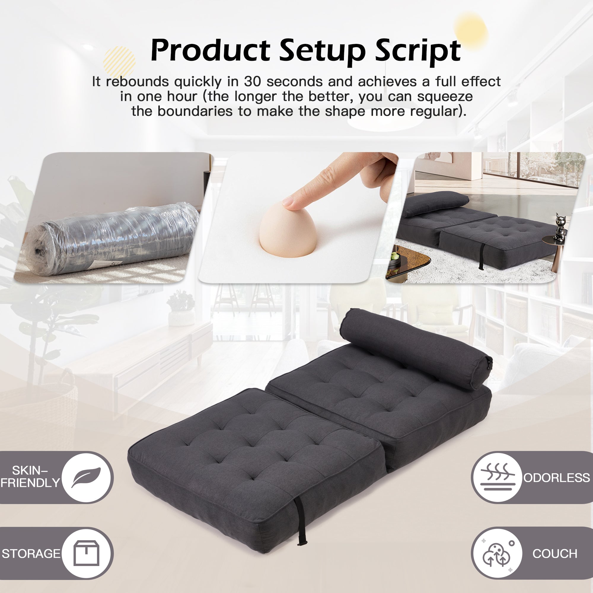 HOMREST 3-Piece Modular Sectional Sofa, Convertible Lounge Set – Foldable Couch Bed, Dark Gray