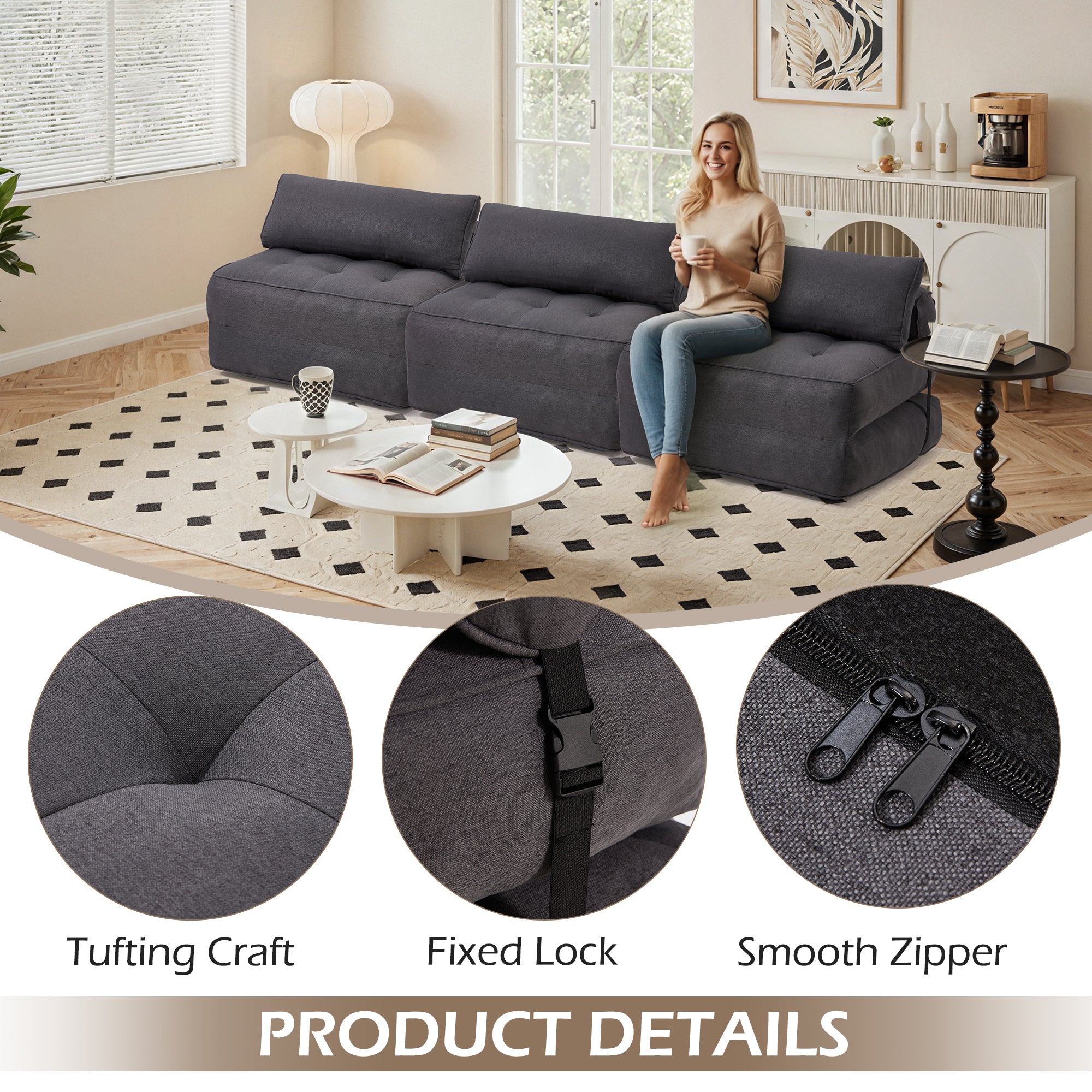 HOMREST 3-Piece Modular Sectional Sofa, Convertible Lounge Set – Foldable Couch Bed, Dark Gray