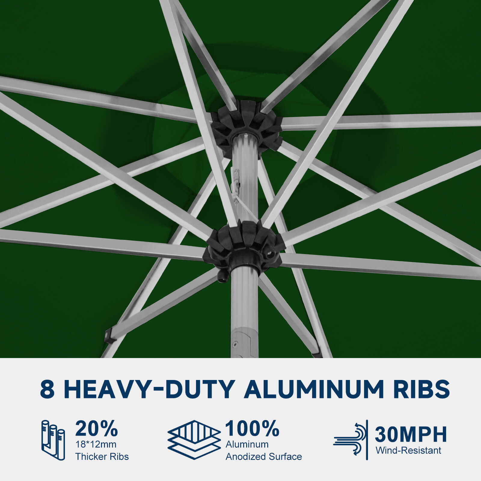 Homrest 9FT Aluminum Patio Umbrella, Fade-Resistant with Push Tilt, 8 Sturdy Aluminum Ribs ,Green