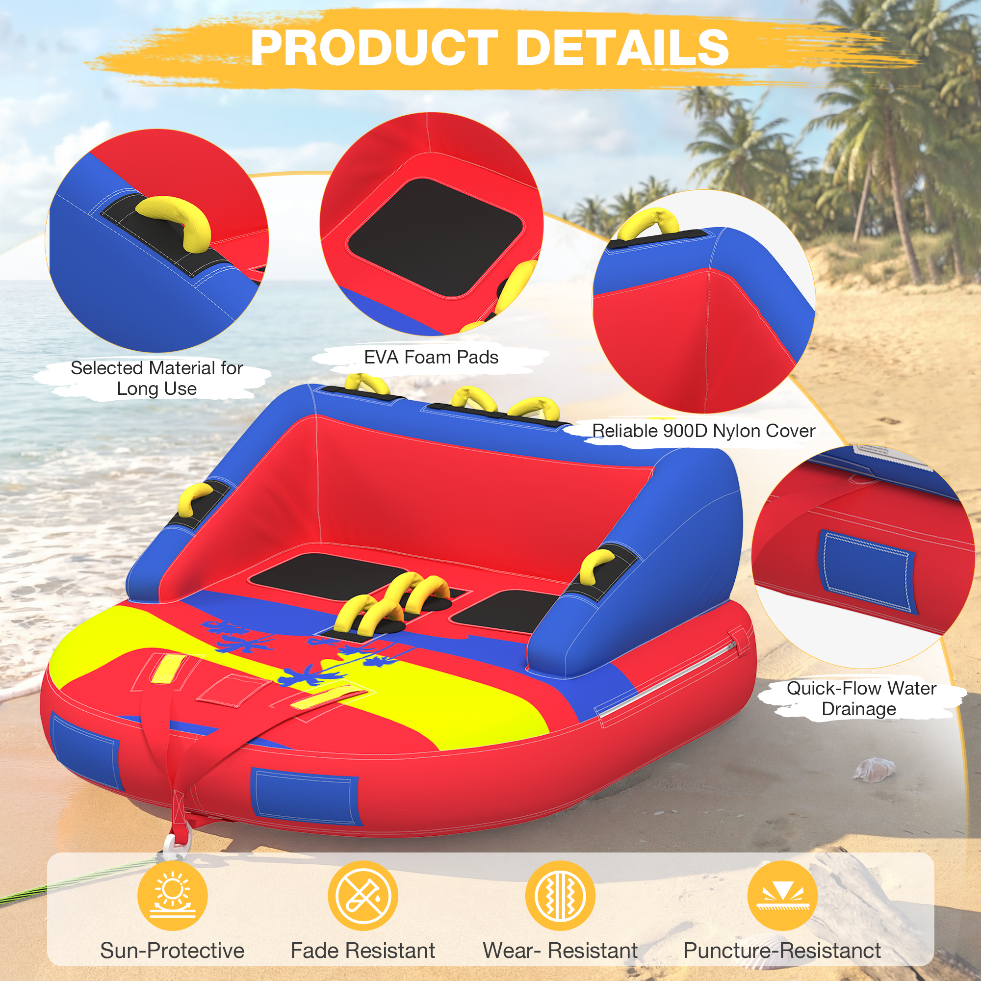 HOMREST 2-Person Towable Tubes for Boating with Towable Rope, Couch Reversible Boat Tube, Padded Bolster Guard Handles & Quick-Connect Tow Point