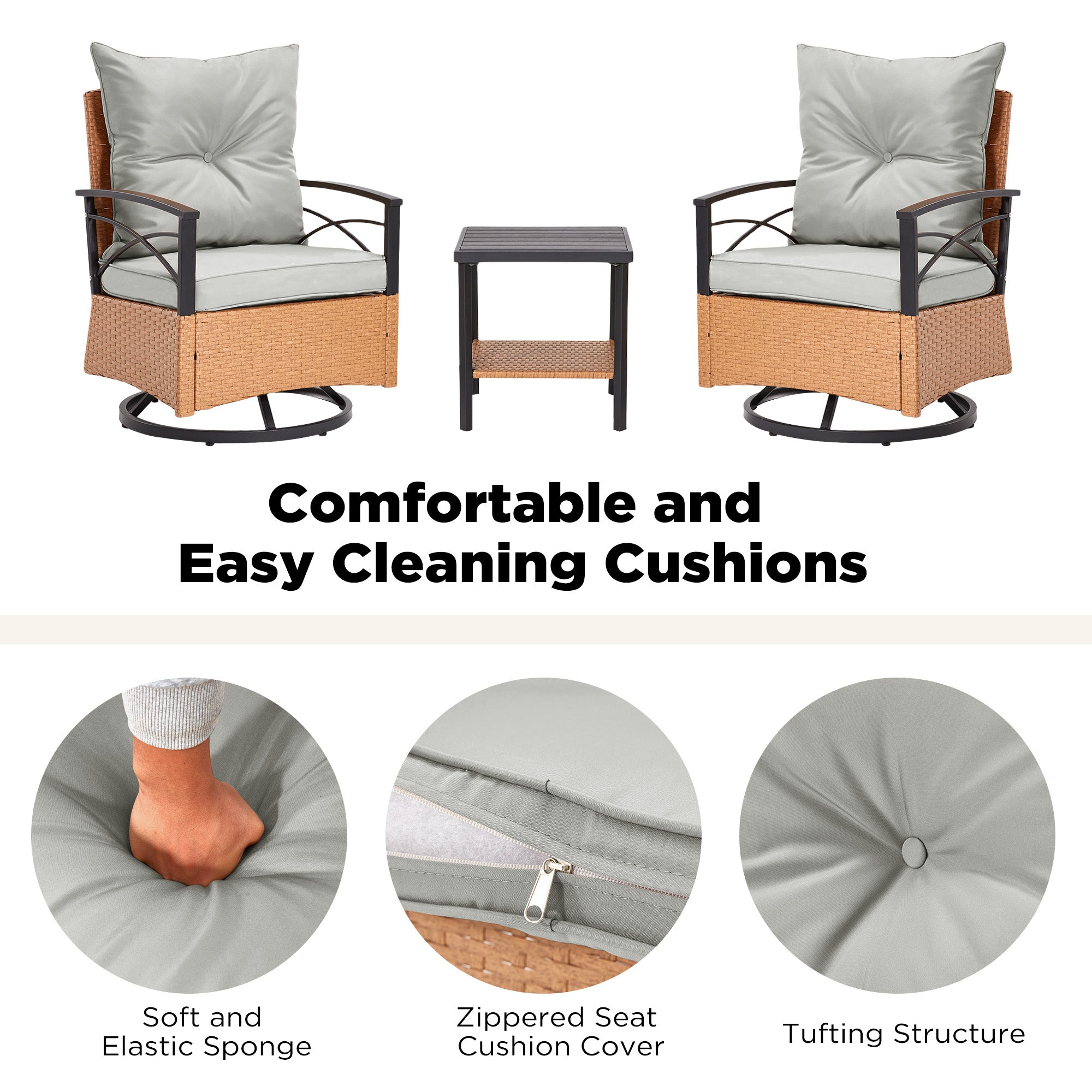 HOMREST 3-Piece Patio Swivel Rocker Set with Rattan Coffee Table, Gray
