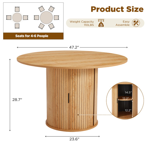 Homrest 47-inch Round Dining Table for 4-6, Farmhouse Circle Kitchen Table with 2-Layer Storage Shelf and Wood Slide Door, Modern Fluted Design Wooden Dining Desk for Dining Room, Natural