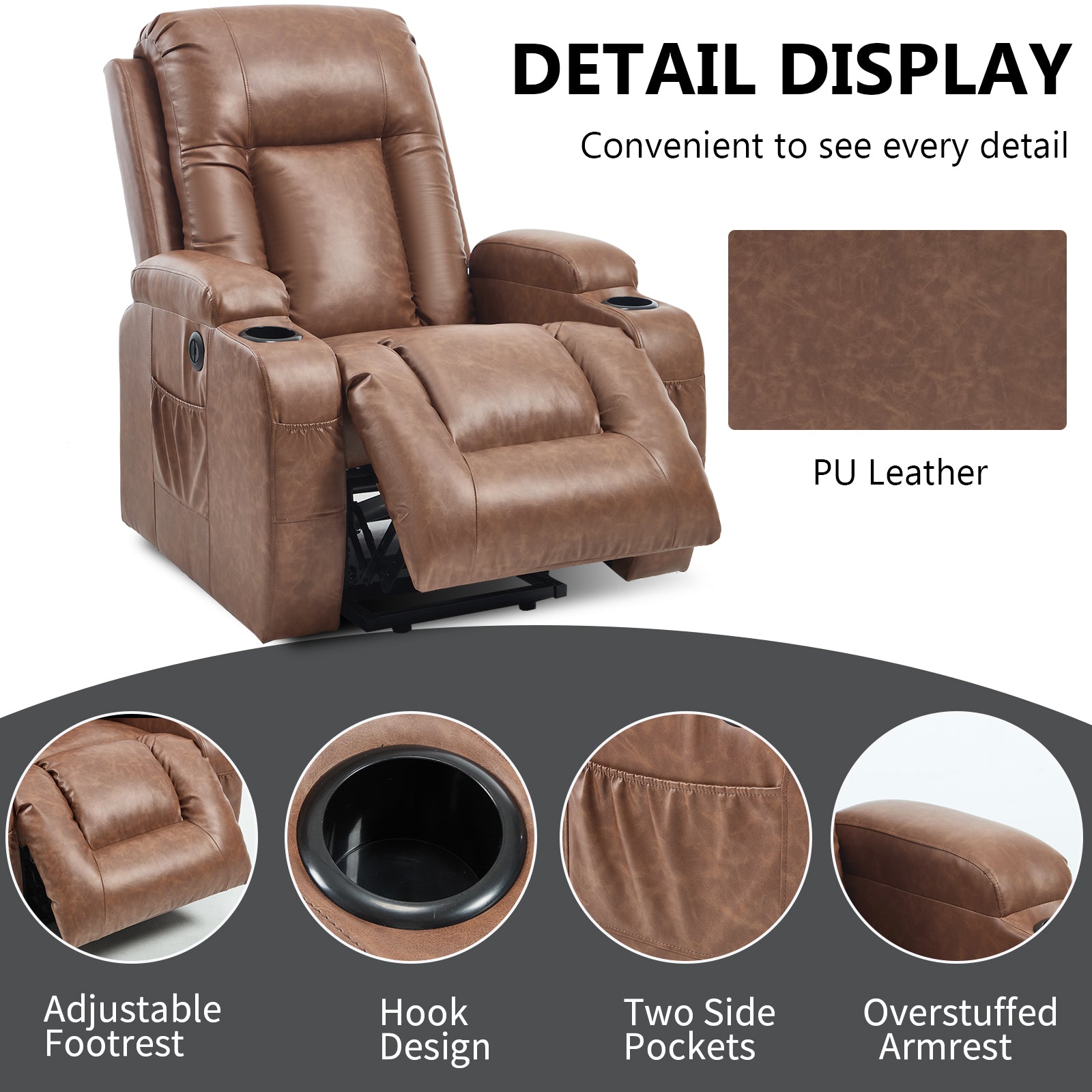 HOMREST PU Infinite Position Power Lift Recliner Chair for Elderly, 8-Point Massage & Heating, Brown