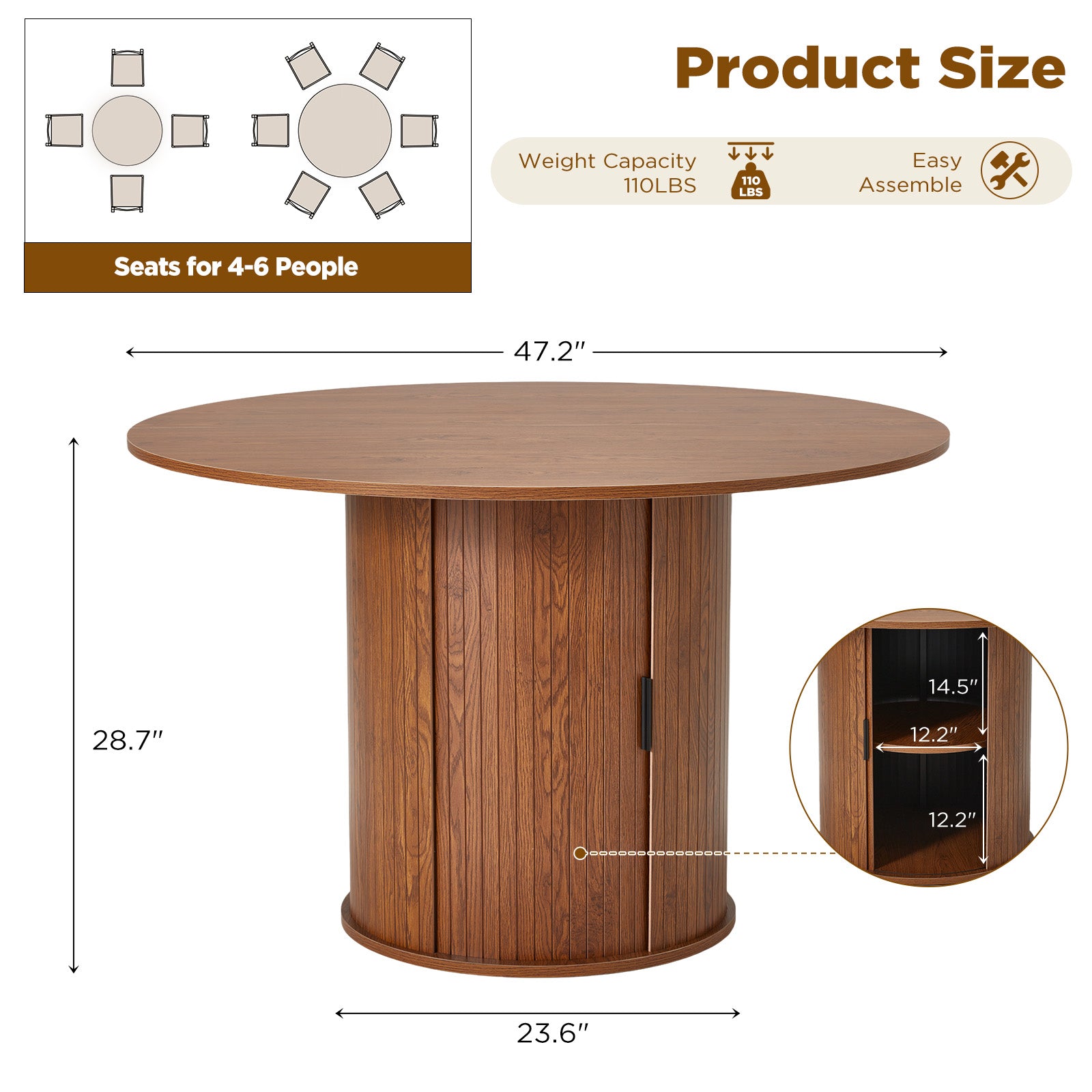 Homrest 47-inch Round Dining Table for 4-6, Farmhouse Circle Kitchen Table with 2-Layer Storage Shelf and Wood Slide Door, Modern Fluted Design Wooden Dining Desk for Dining Room, Brown