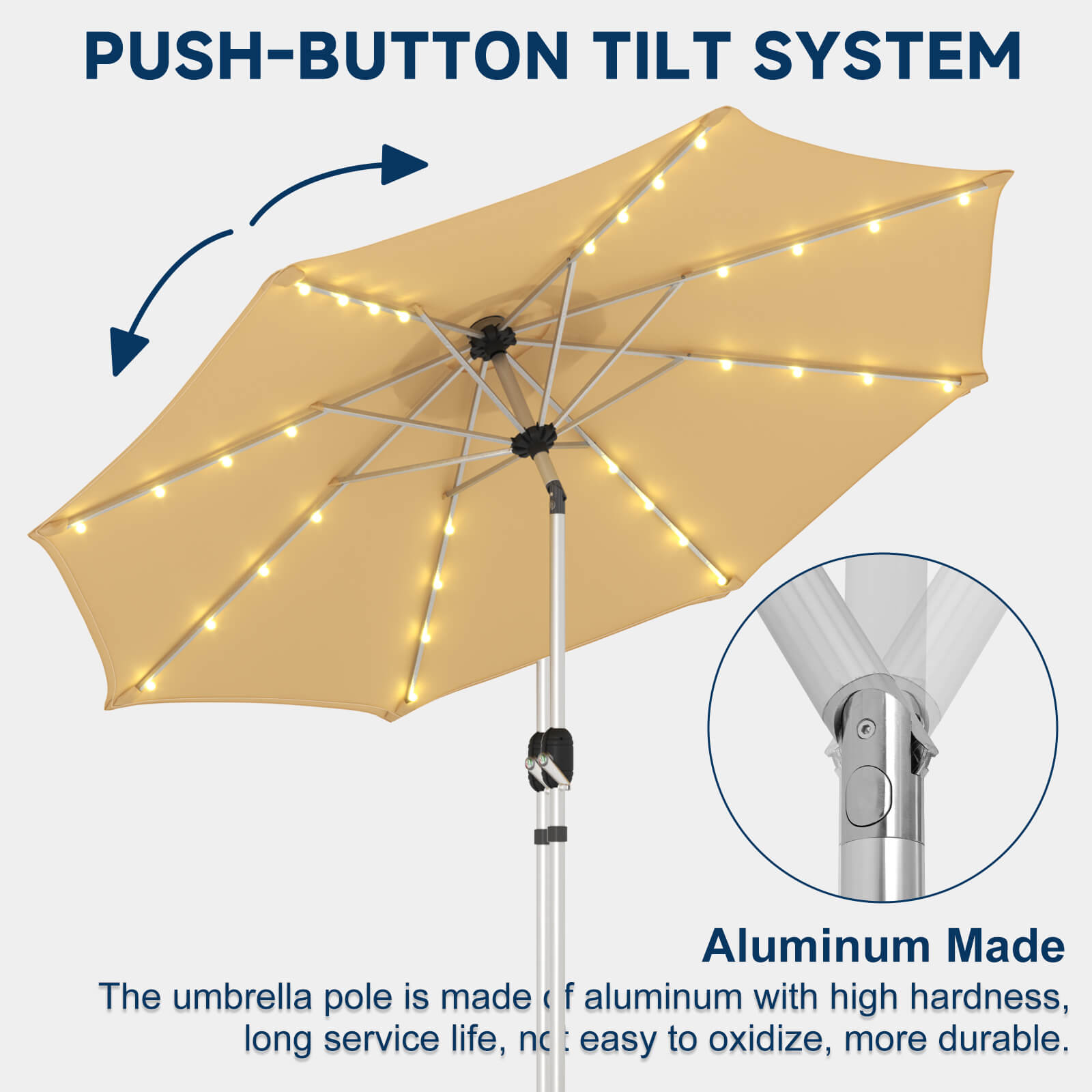Homrest 9FT Solar Patio Umbrella, Fade-Resistant Outdoor Market Umbrella with Tilt, 8 Aluminum Ribs for Gardens,Beige