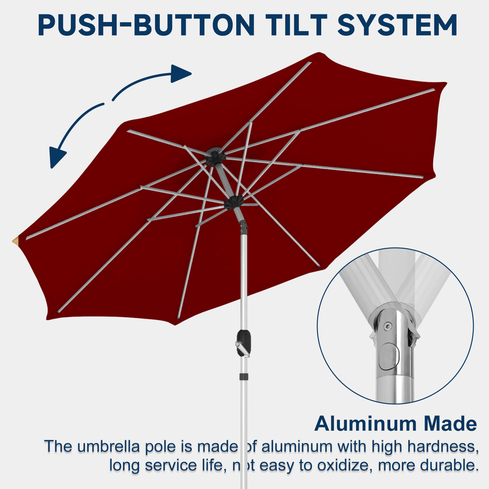 Homrest 9FT Aluminum Patio Umbrella, Fade-Resistant with Push Tilt, 8 Sturdy Aluminum Ribs Burgundy