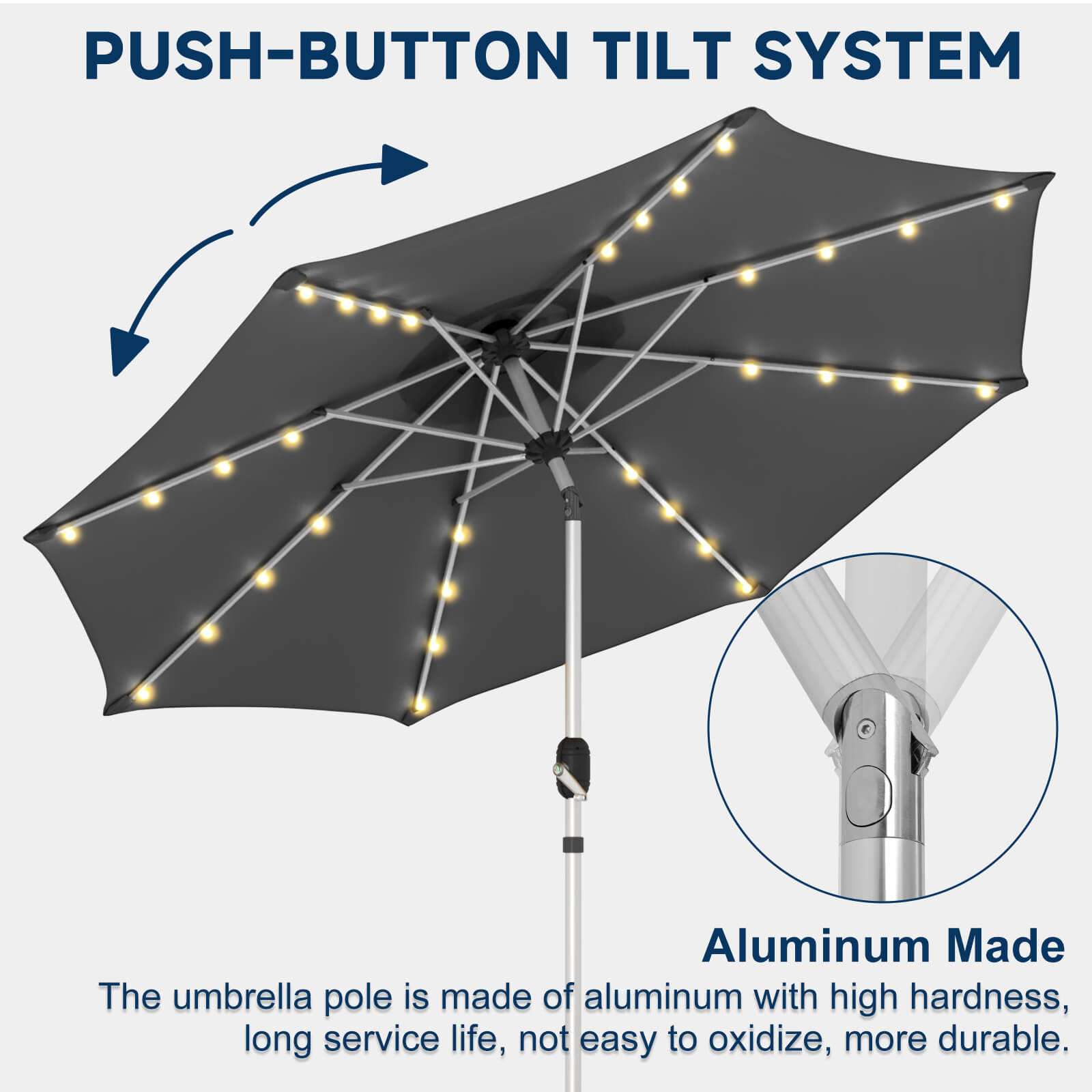 Homrest 10FT Solar Lighted Patio Umbrella, Fade-Resistant Outdoor Umbrella with Tilt, 8 Aluminum Ribs Grey