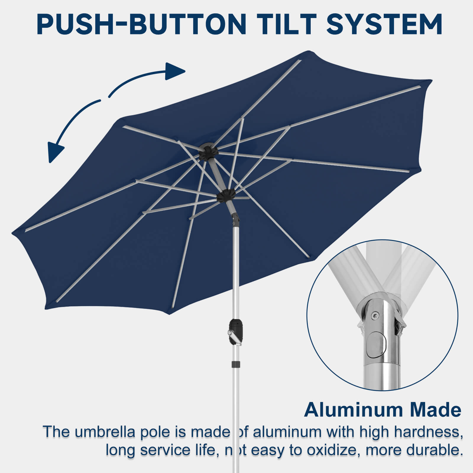 Homrest 9FT Aluminum Patio Umbrella, Fade-Resistant with Push Tilt, 8 Sturdy Aluminum Ribs Navy Blue