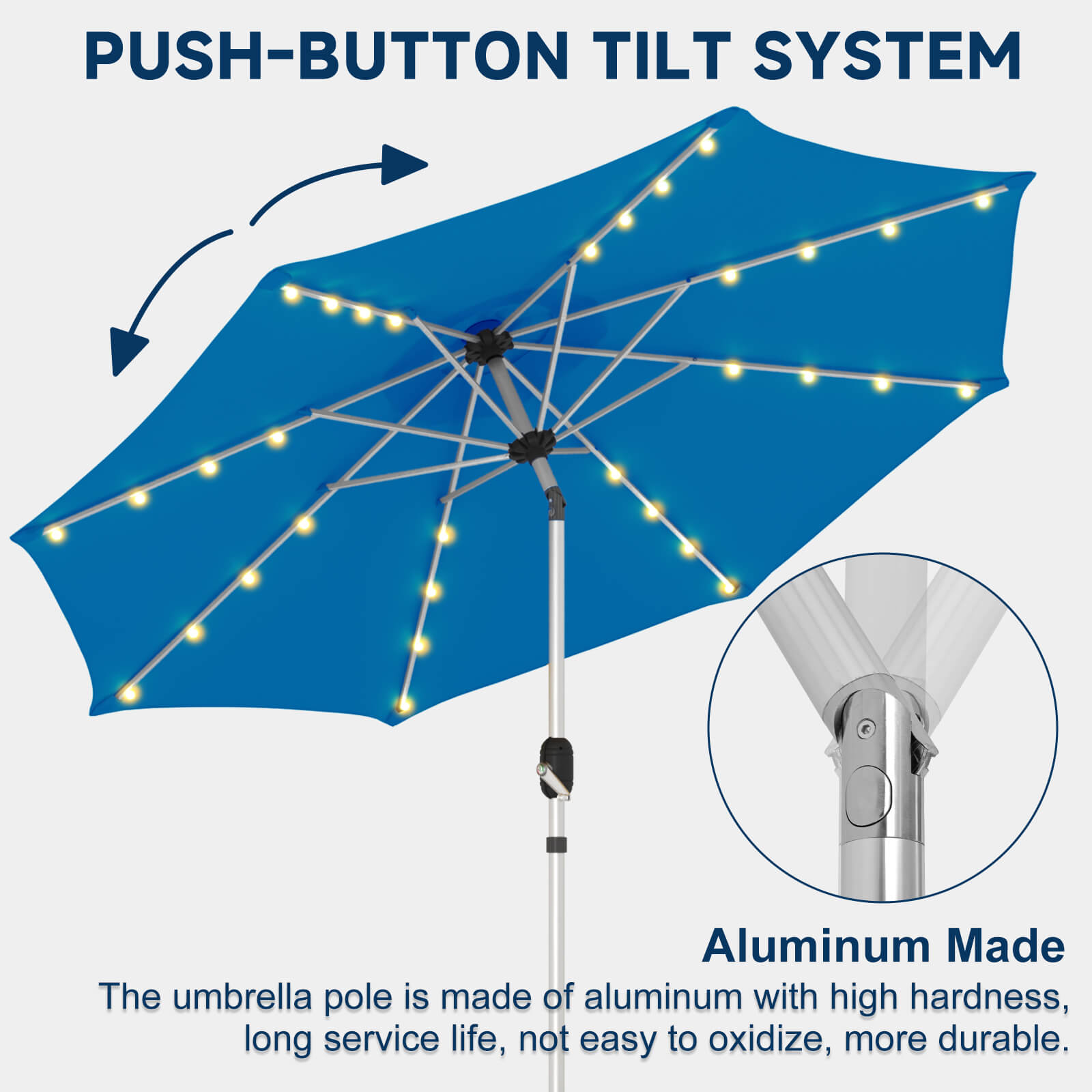 Homrest 10FT Solar Lighted Patio Umbrella, Fade-Resistant Outdoor Umbrella with Tilt, 8 Aluminum Ribs Royal Blue