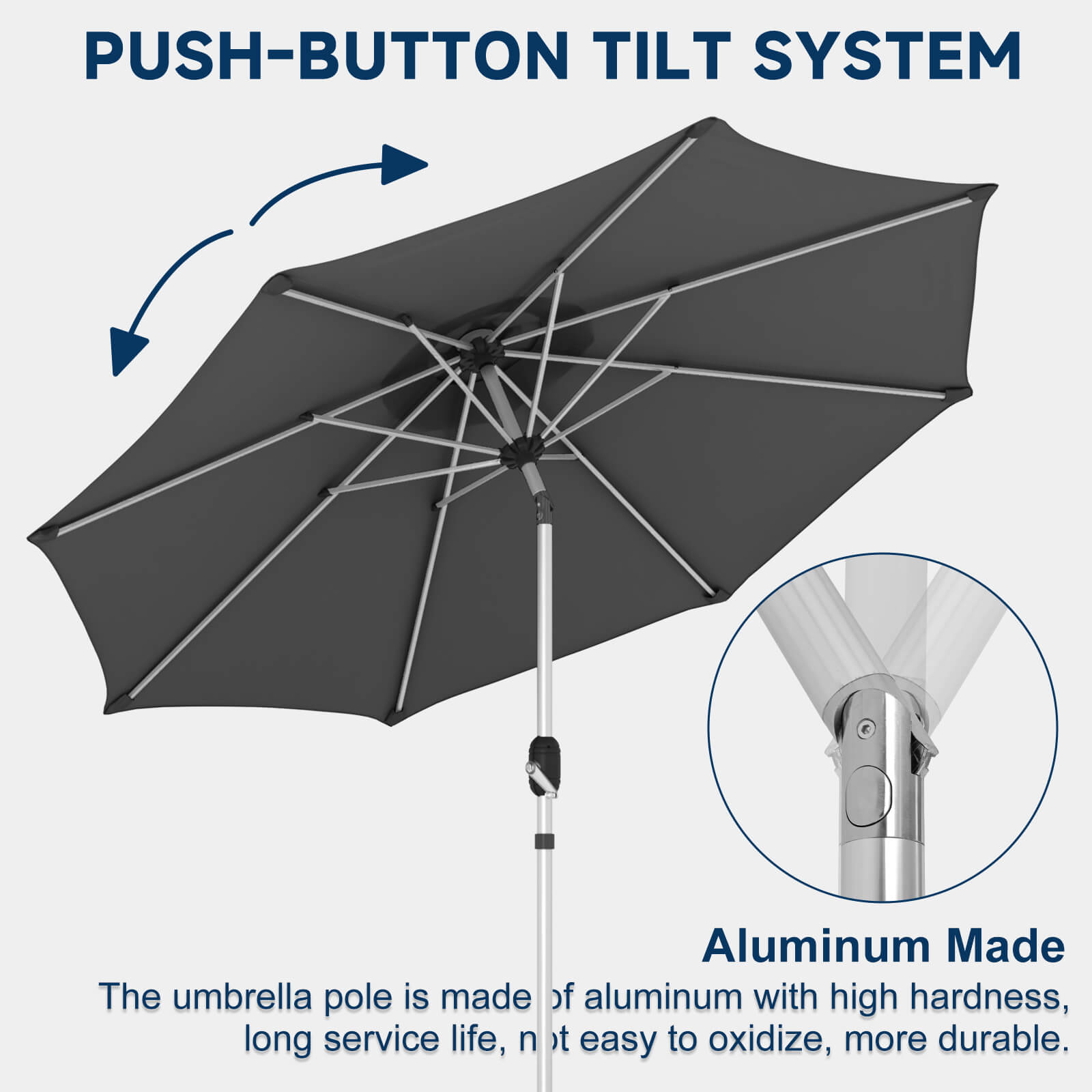 Homrest 9FT Aluminum Patio Umbrella, Fade-Resistant with Push Tilt, 8 Sturdy Aluminum Ribs Grey
