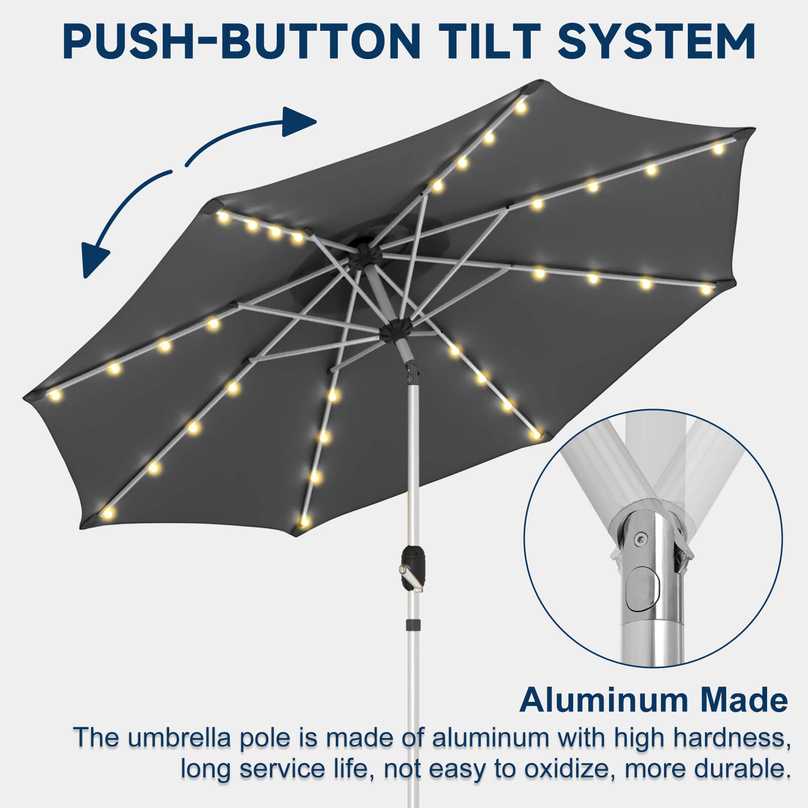 Homrest 9FT Solar Patio Umbrella, Fade-Resistant Outdoor Market Umbrella with Tilt, 8 Aluminum Ribs for Gardens,Grey