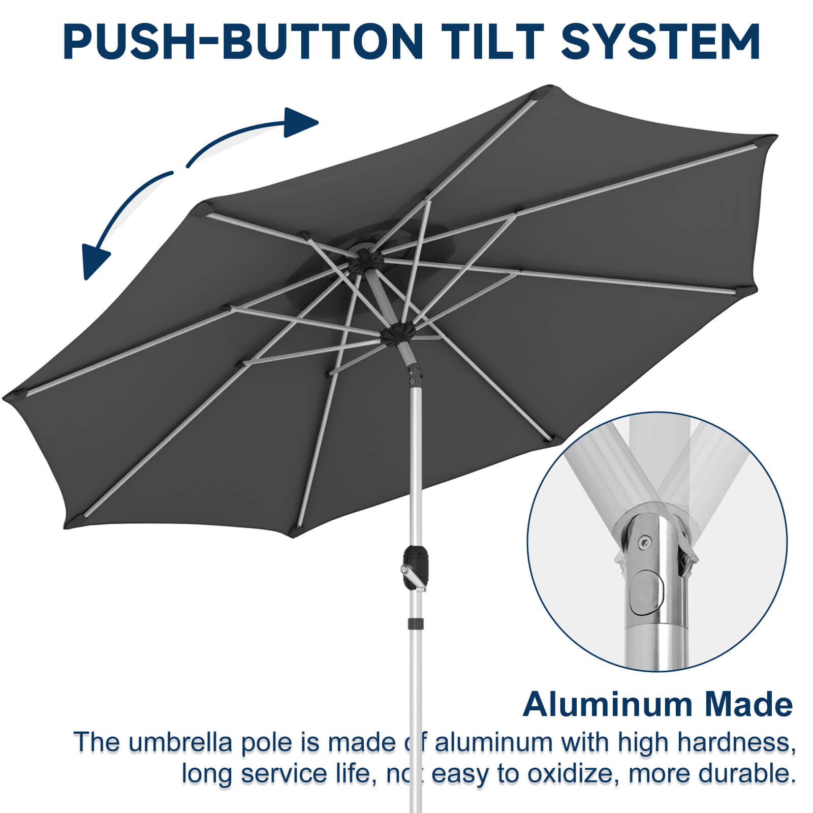 HOMREST 10FT Aluminum Outdoor Patio Umbrella with Push Button Tilt Function, Grey