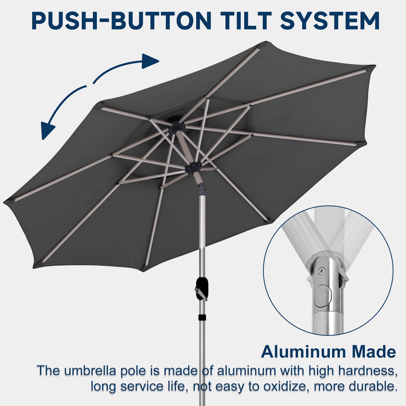 Homrest 9FT 3-Tier Aluminum Patio Umbrella, Fade-Resistant with Push Tilt, 8 Sturdy Aluminum Ribs,Grey