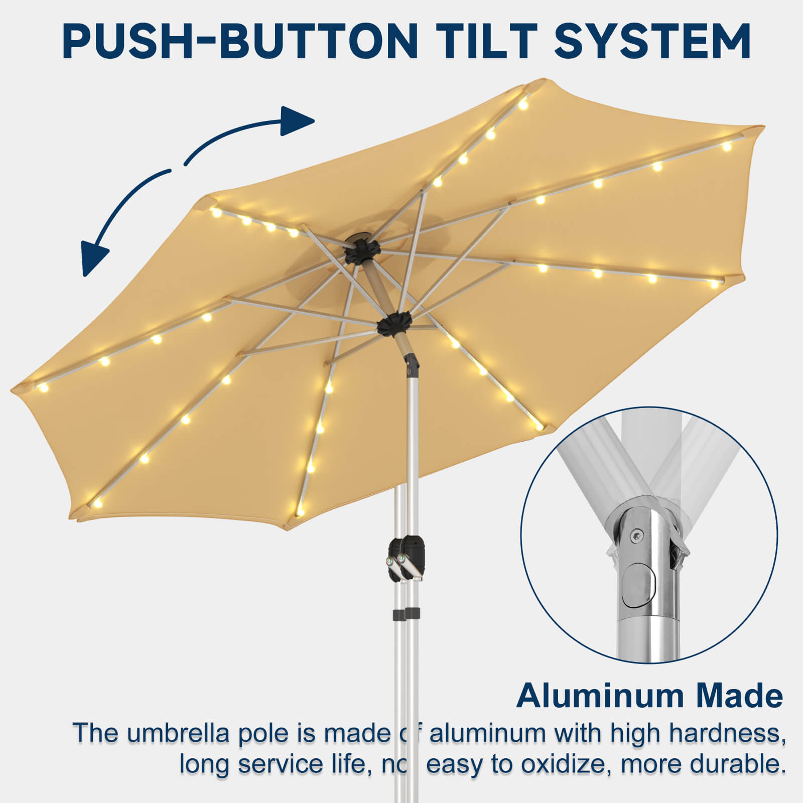 Homrest 10FT Solar Lighted Patio Umbrella, Fade-Resistant Outdoor Umbrella with Tilt, 8 Aluminum Ribs Beige