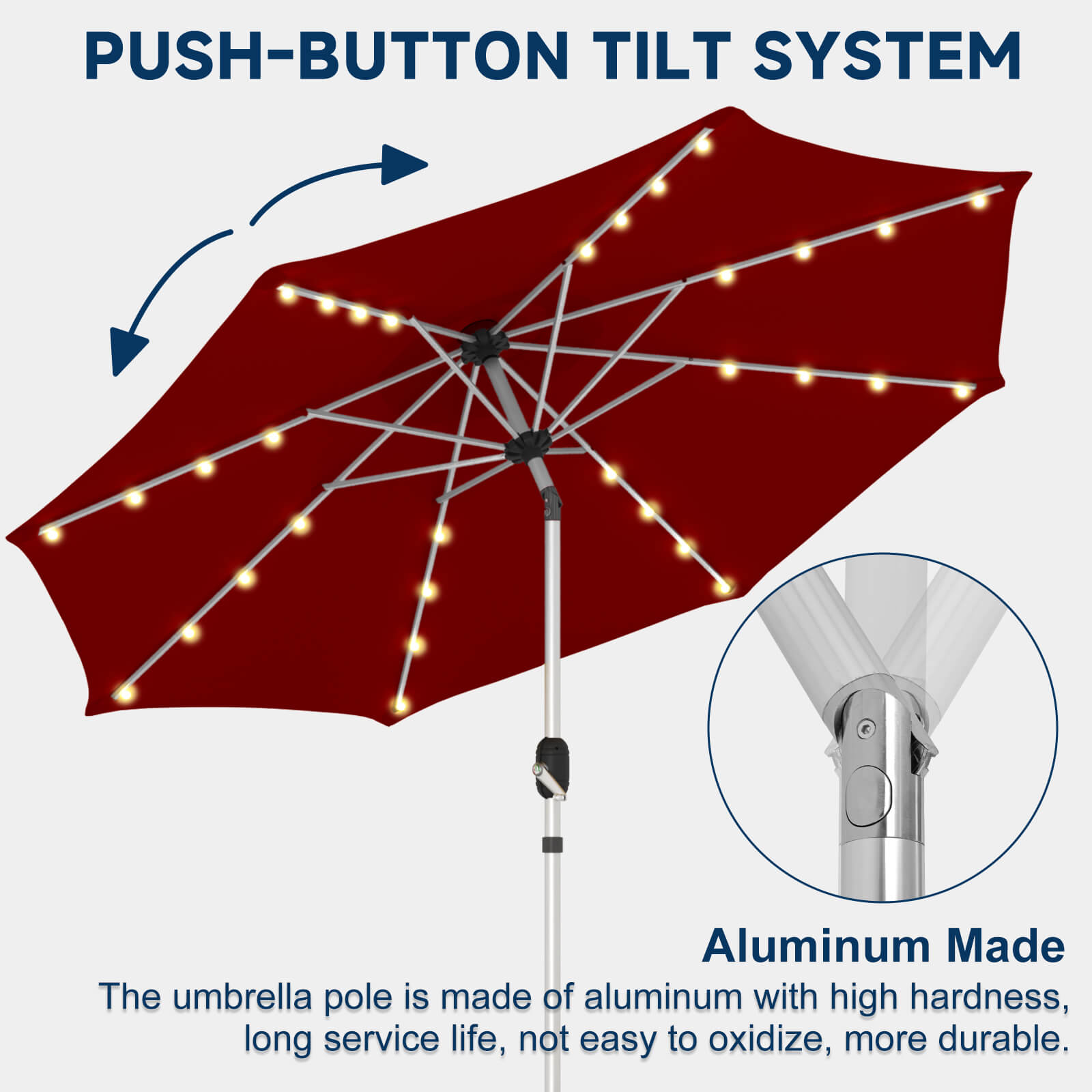 Homrest 10FT Solar Lighted Patio Umbrella, Fade-Resistant Outdoor Umbrella with Tilt, 8 Aluminum Ribs Burgundy