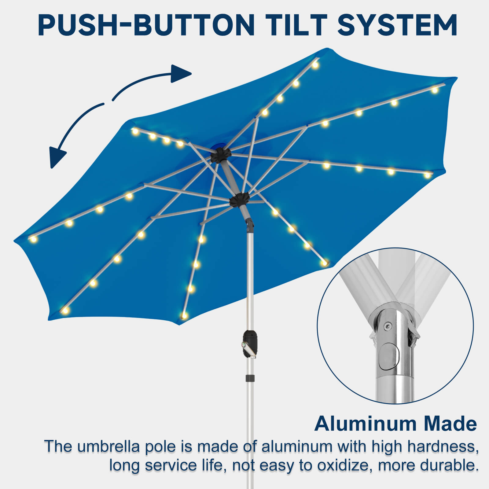 Homrest 9FT Solar Patio Umbrella, Fade-Resistant Outdoor Market Umbrella with Tilt, 8 Aluminum Ribs for Gardens,Royal Blue
