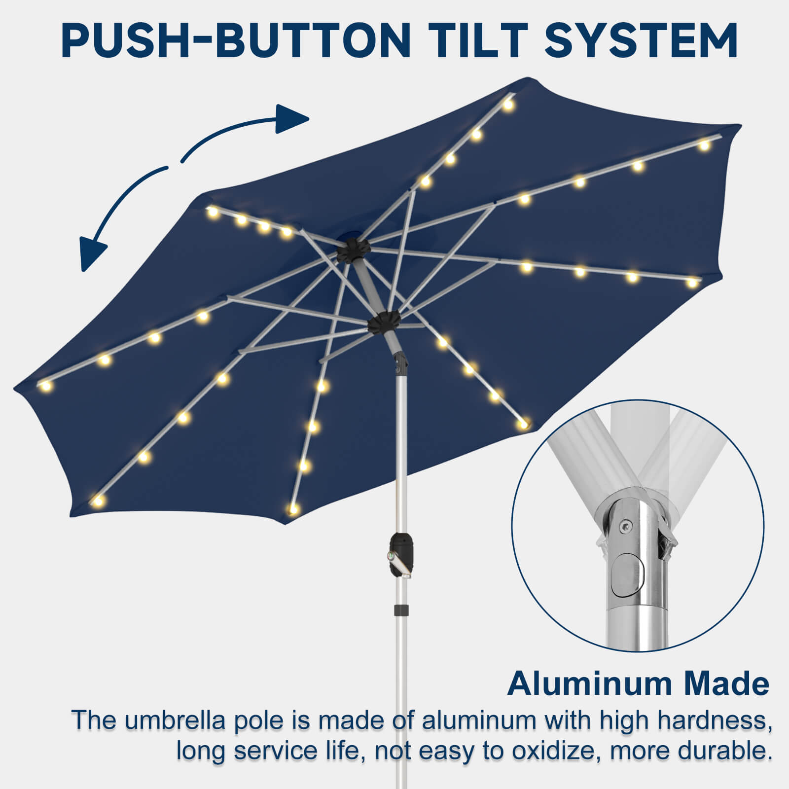 Homrest 10FT Solar Lighted Patio Umbrella, Fade-Resistant Outdoor Umbrella with Tilt, 8 Aluminum Ribs Navy Blue