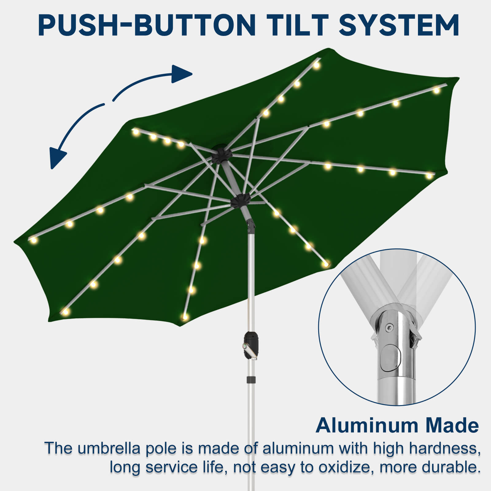 Homrest 9FT Solar Patio Umbrella with Tilt, 8 Aluminum Ribs for Gardens, Green