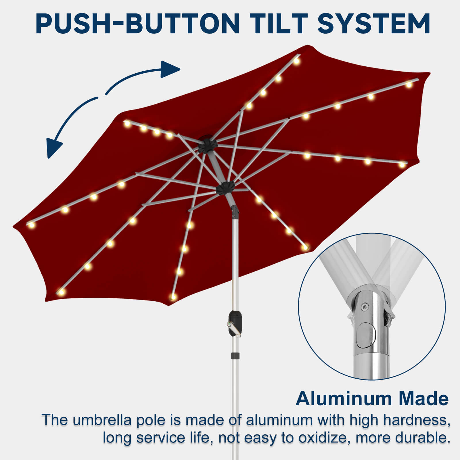 Homrest 9FT Solar Patio Umbrella, Fade-Resistant Outdoor Market Umbrella with Tilt, 8 Aluminum Ribs for Gardens,Burgundy