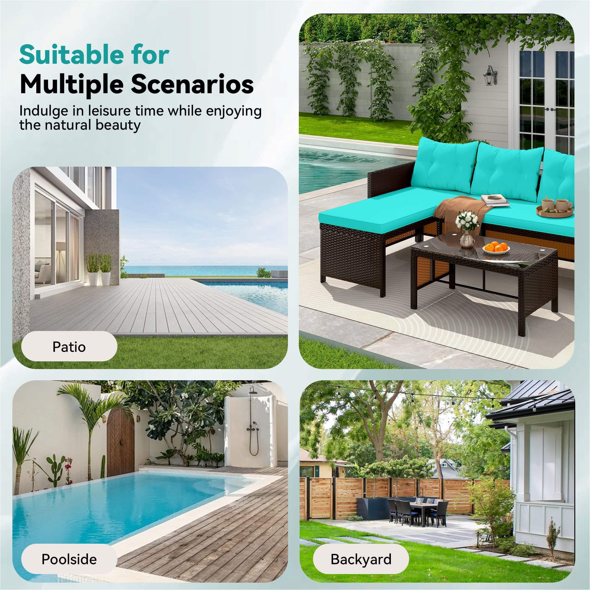 HOMREST 3 Piece Outdoor Patio Furniture Set, All-Weather PE Rattan Sofa Set with Glass Table & Cushions, Blue