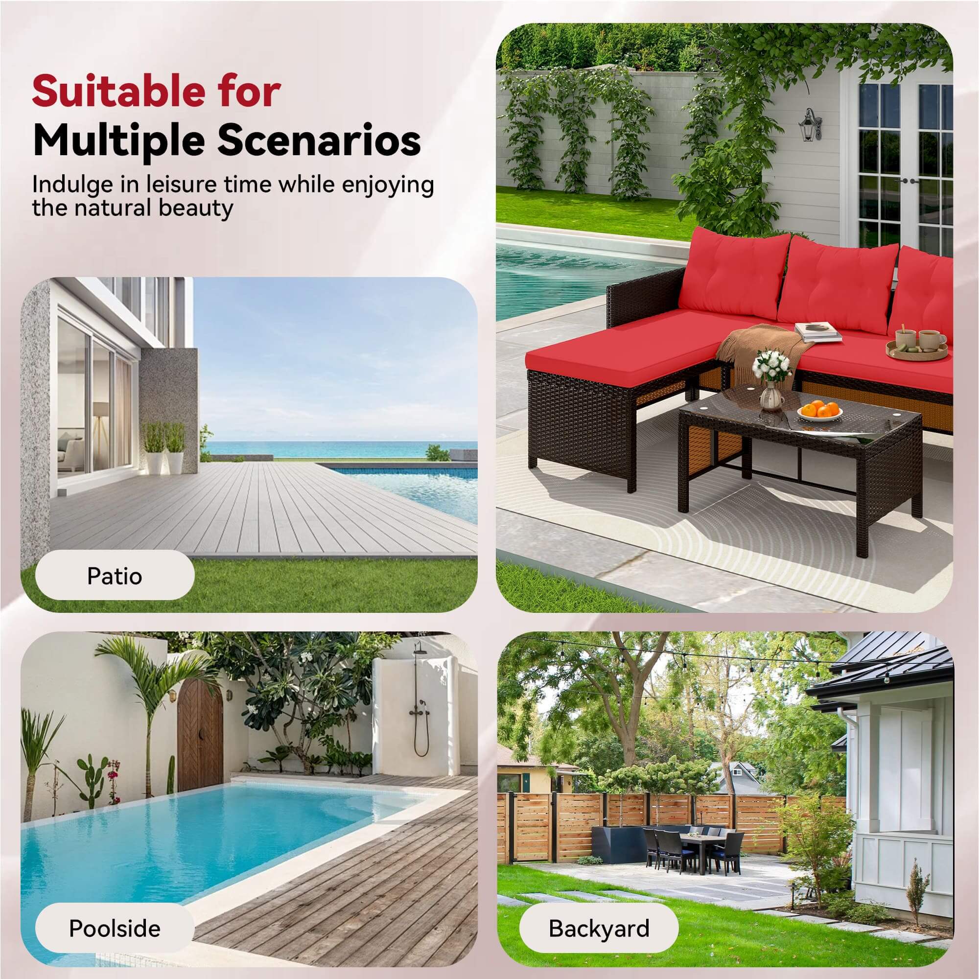 HOMREST 3 Piece Outdoor Patio Furniture Set, All-Weather PE Rattan Sofa Set with Glass Table & Cushions, Red