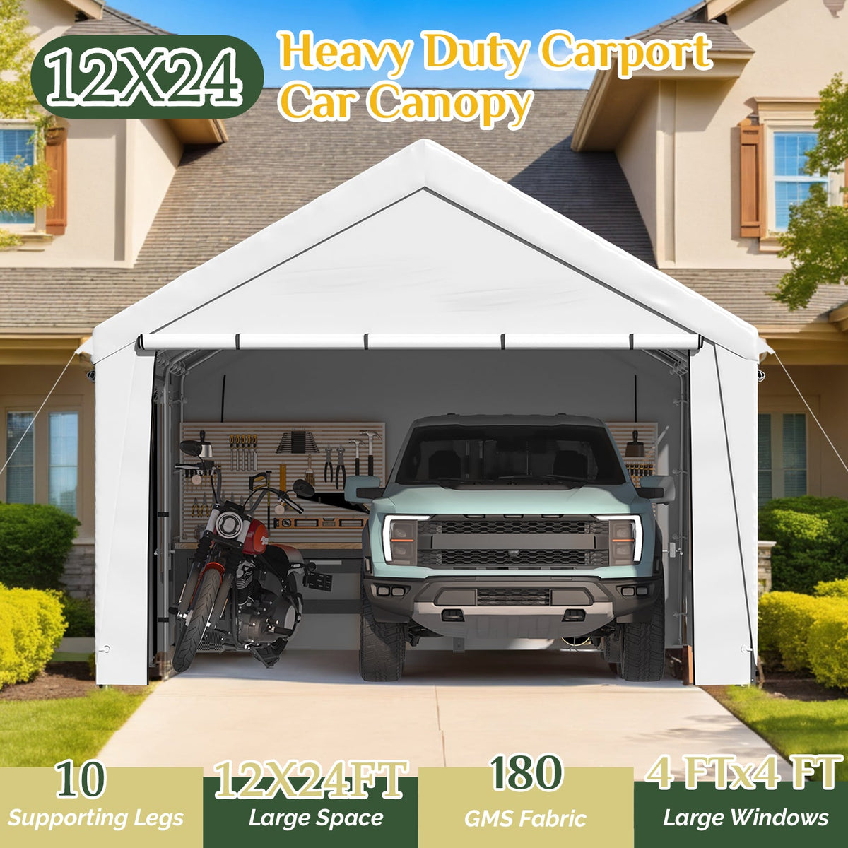 homrest 12' x 24' Heavy Duty Carport£¬Portable Garage with UV Protection & Steel Frame, Car Port with Removable Sidewalls, All-Season Car Canopy for Tractor, Truck, Boat, White