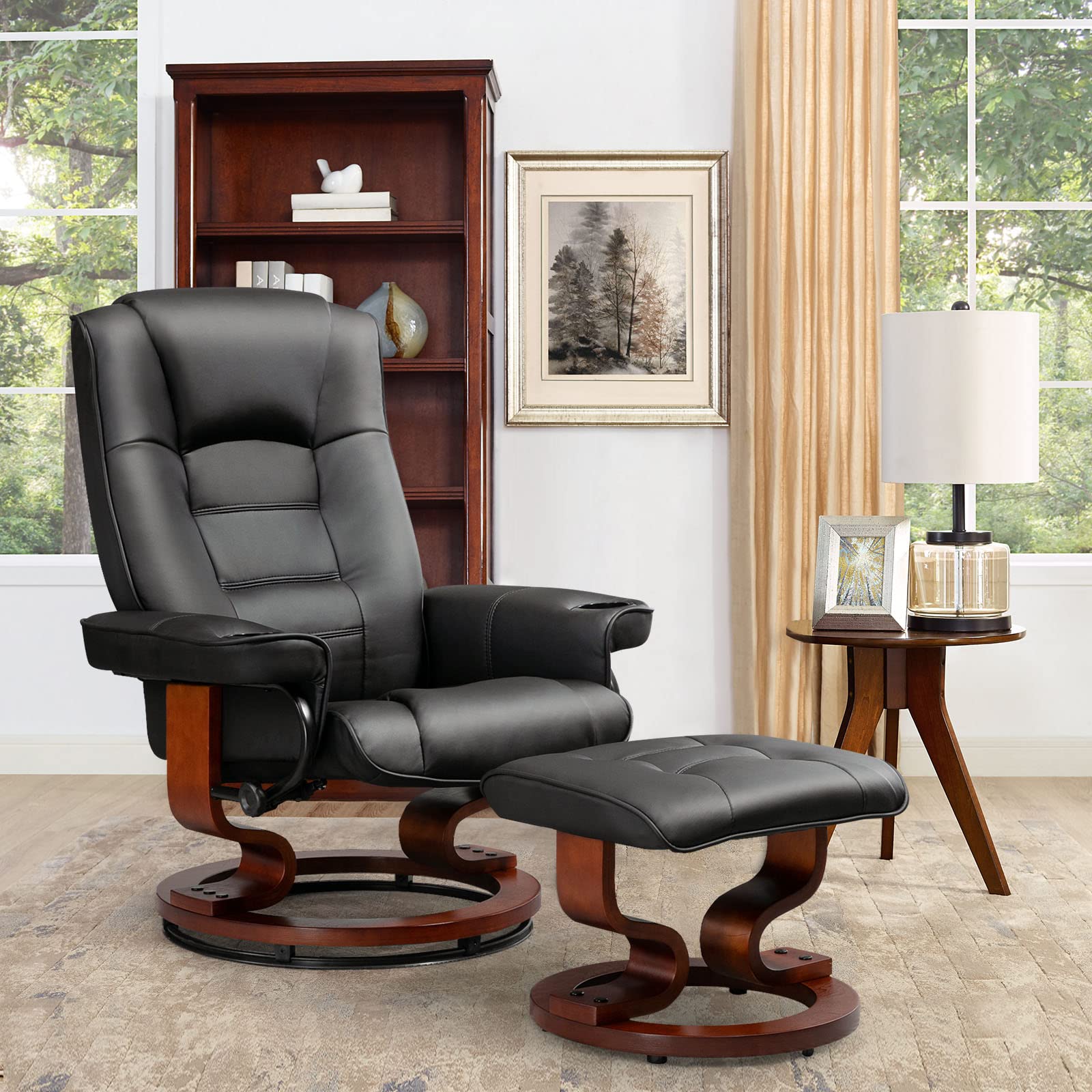 Homrest Recliner with Ottoman, Wood Base & Adjustable Back, Faux Leather Swivel Reclining Chair with Footrest for Living Room and Bedroom, Black