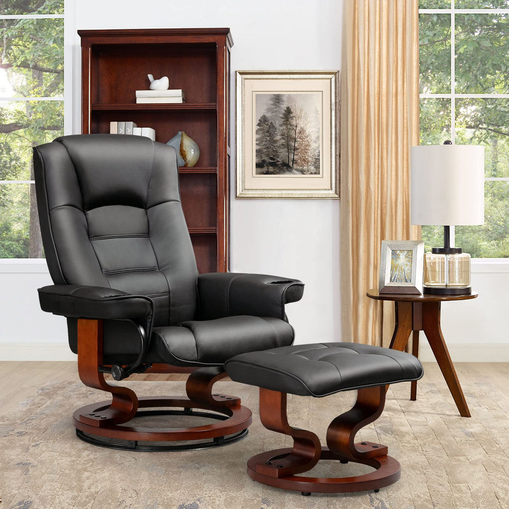 Homrest Recliner with Ottoman, Wood Base & Adjustable Back, Faux Leather Swivel Reclining Chair with Footrest for Living Room and Bedroom, Black