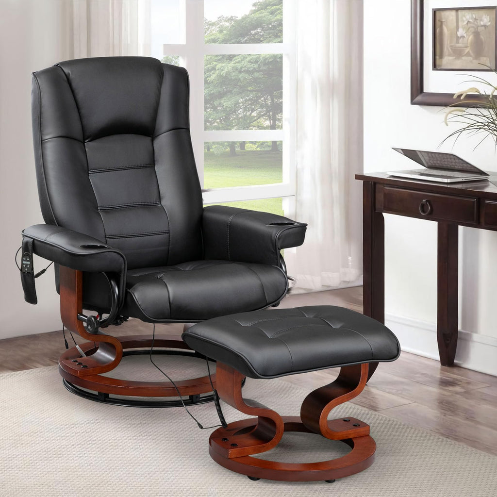 Homrest Reclining Chair with Vibration Massage Faux Leather Recliner with Ottoman Swivel Wood Recliner Chairs for Living Room, Black