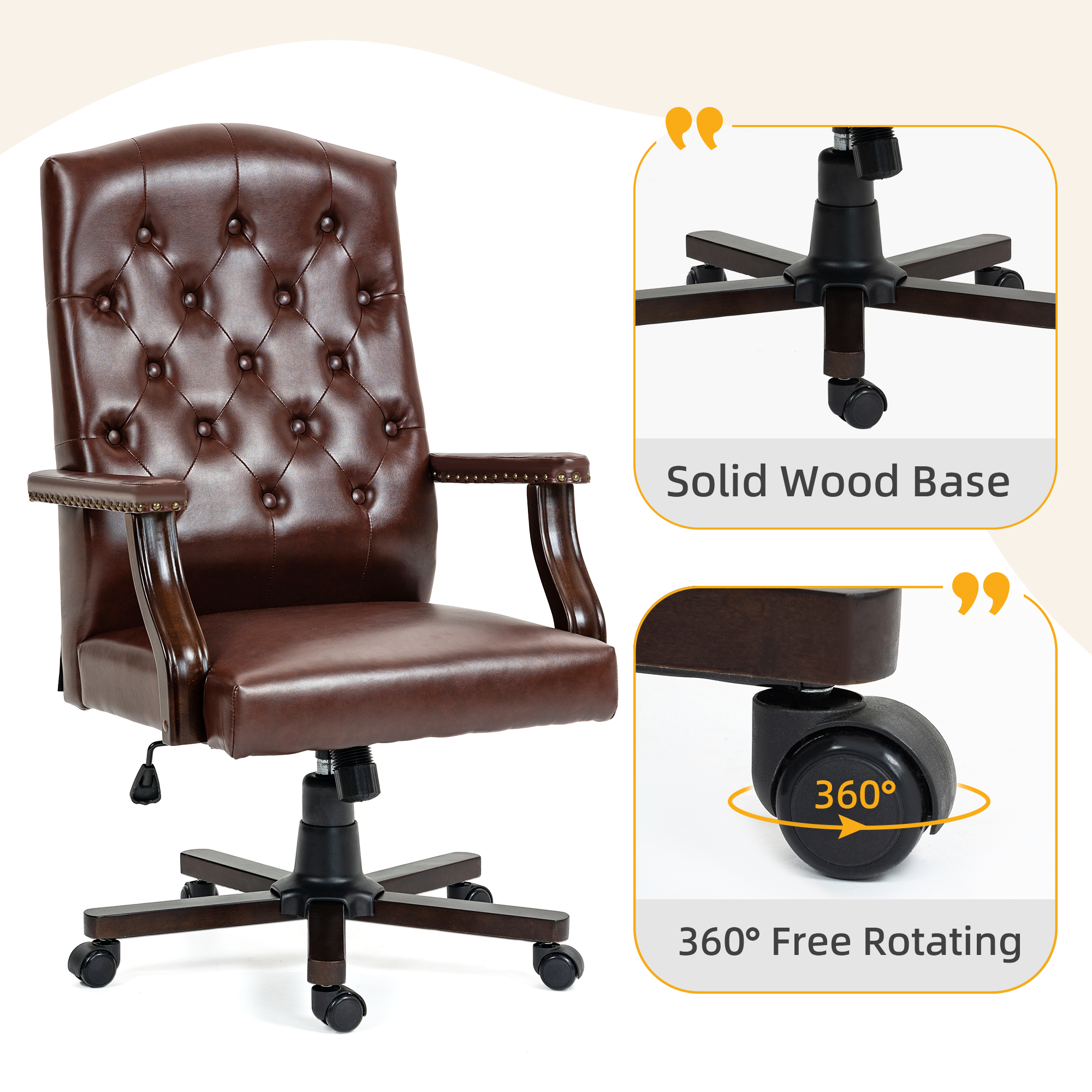 Homrest Executive Wingback Office Chair – Vintage Faux Leather, High-Back Swivel Design – Brown