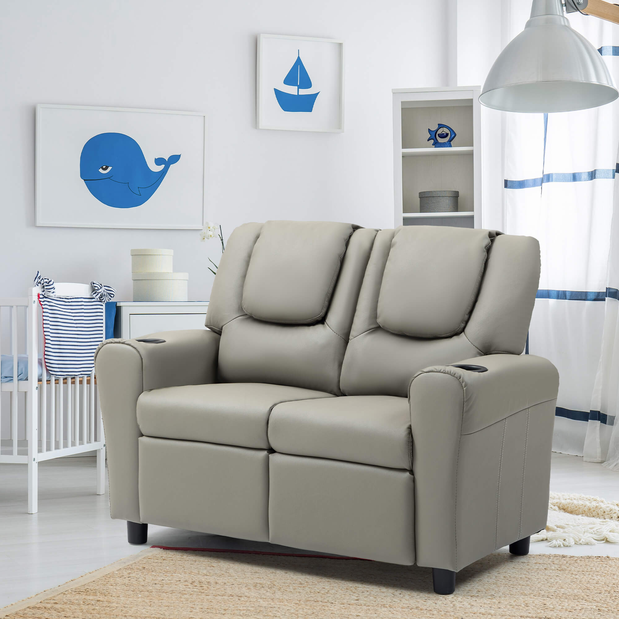 HOMREST Kids Recliner Chair, Double Kids Sofa Chair w/Cup Holder PU Leather, Toddler Loveseat Couch w/Adjustable Footrest & Headres for Boys Girls 3+ Age Group, Grey