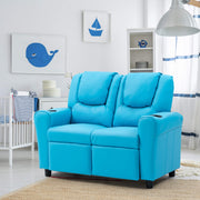 HOMREST Kids Recliner Chair, Double Kids Sofa Chair w/Cup Holder PU Leather, Toddler Loveseat Couch w/Adjustable Footrest & Headres for Boys Girls 3+ Age Group, Blue