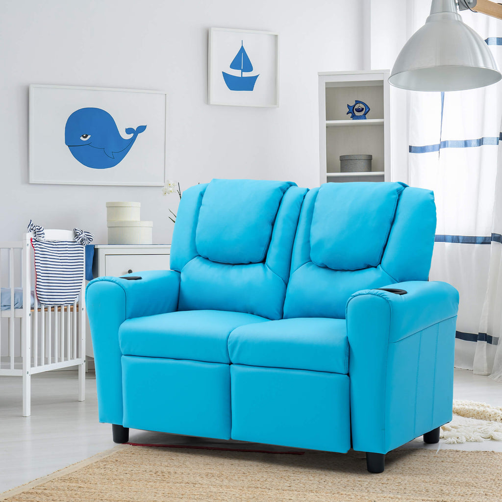 HOMREST Kids Recliner Chair, Double Kids Sofa Chair w/Cup Holder PU Leather, Toddler Loveseat Couch w/Adjustable Footrest & Headres for Boys Girls 3+ Age Group, Blue