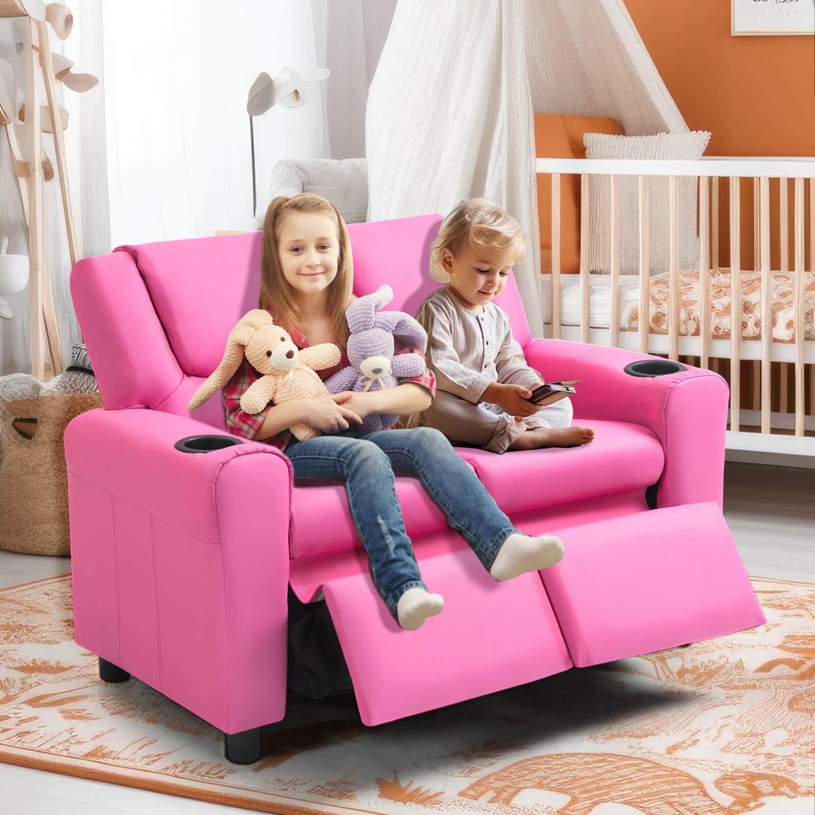 HOMREST Kids Recliner Chair, Double Kids Sofa Chair w/Cup Holder PU Leather, Toddler Loveseat Couch w/Adjustable Footrest & Headres for Boys Girls 3+ Age Group, Pink