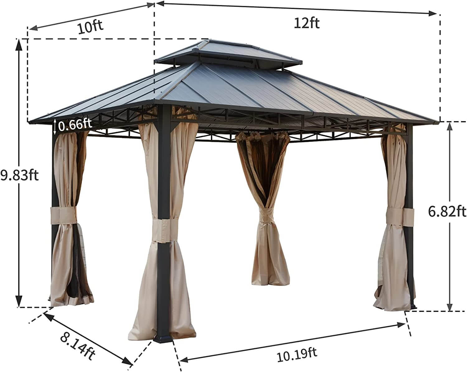 Homrest 10' x 12' Iron Gazebo Hardtop Double Roof w/ Anti-Rust Coating Frame, Waterproof Curtains & Netting