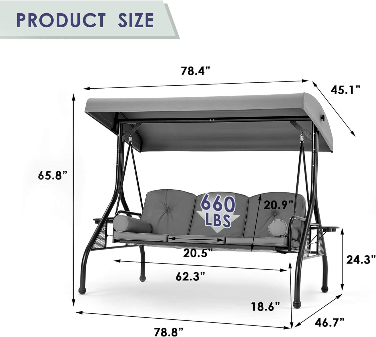 Homrest 3-Seat Outdoor Porch Swing with Adjustable Canopy and Backrest, Gray