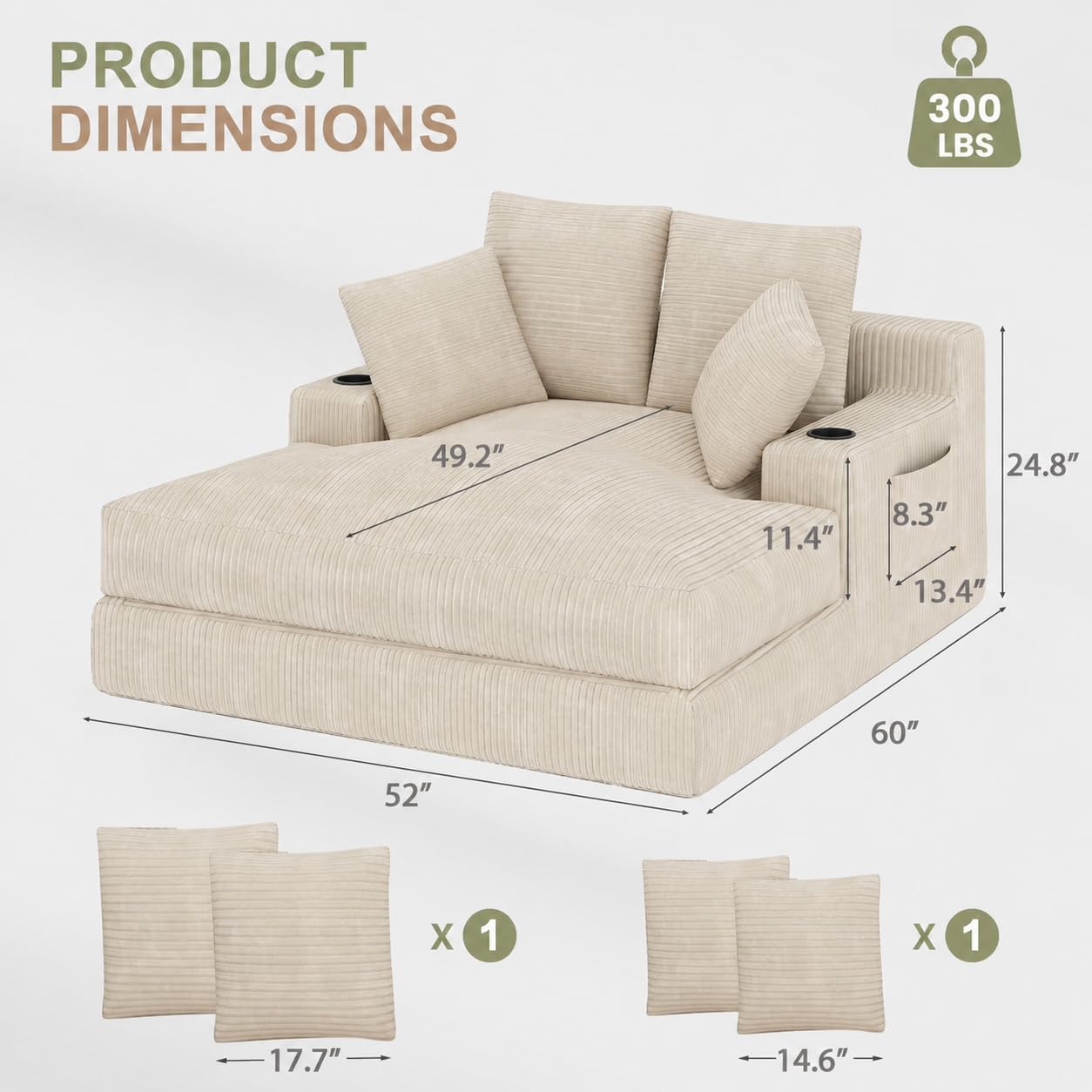HOMREST 60" Oversized Chaise Lounge Chair Indoor,No Assembly Comfy Reading Chair for Living Room