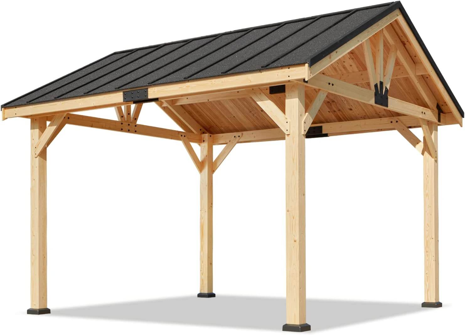 Homrest 11' x 12' Spruce Wood Solid Hardtop Gazebo with Waterproof Asphalt Roof