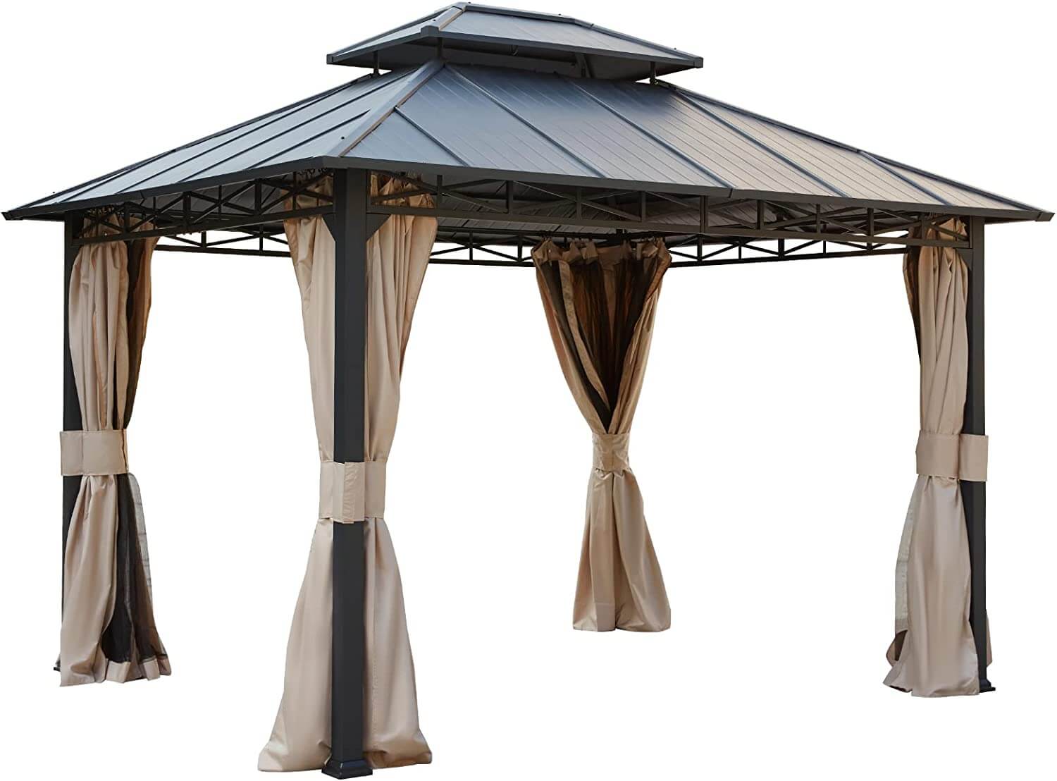 Homrest 10' x 12' Iron Gazebo Hardtop Double Roof w/ Anti-Rust Coating Frame, Waterproof Curtains & Netting