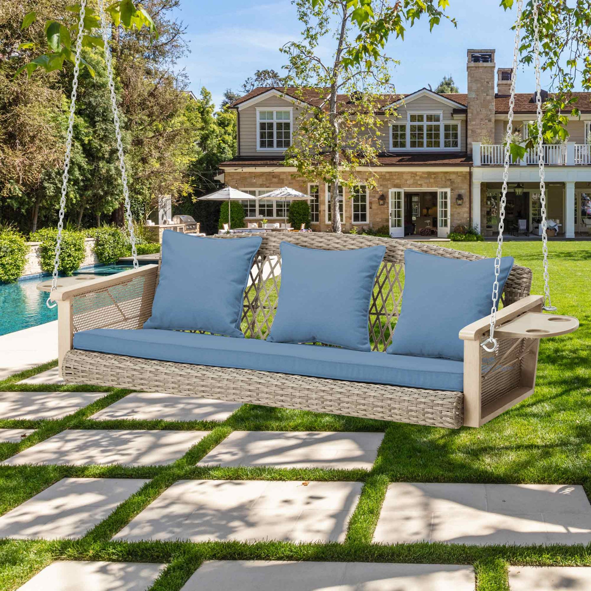 3-Seater Outdoor Wicker Porch Swing with Cup Holders and Waterproof Cushions for Porch and Balcony, Blue | Homrest Furniture