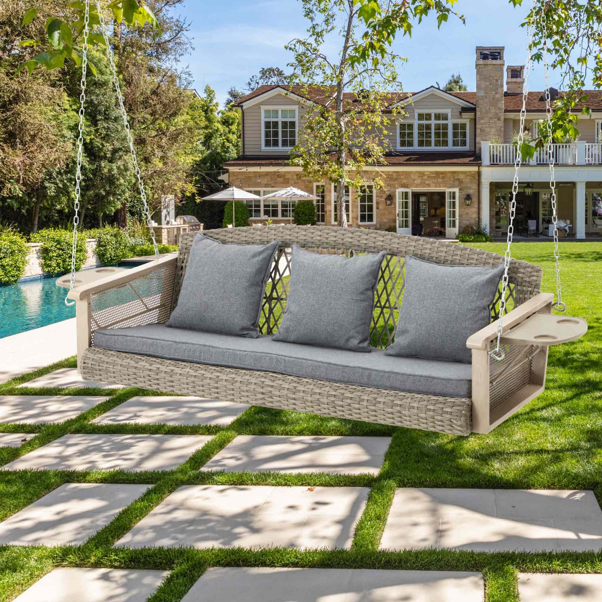  3-Seater Outdoor Wicker Swing with Cup Holders and Waterproof Cushions for Porch, Gray