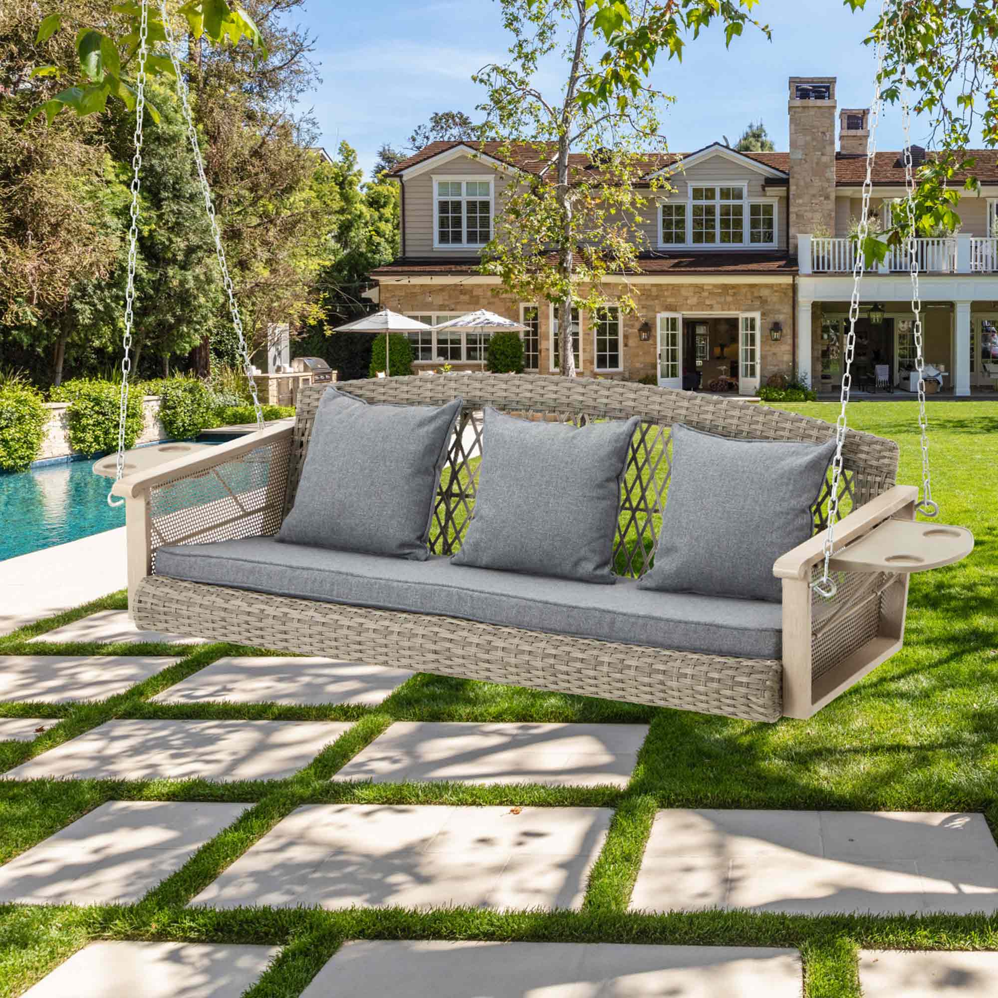  3-Seater Outdoor Wicker Swing with Cup Holders and Waterproof Cushions for Porch, Gray
