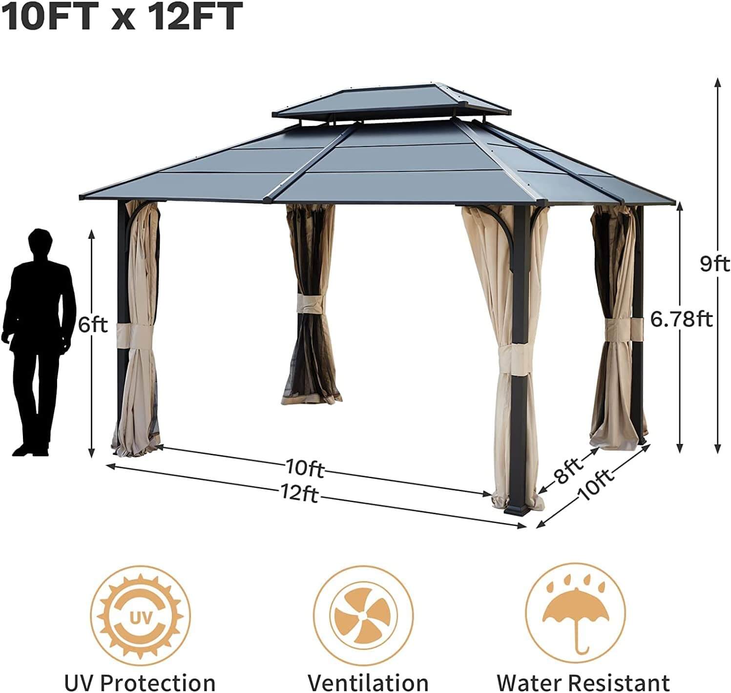 Homrest 10' x 12' Hardtop Gazebo Outdoor Double Iron Roof with Curtains and Netting