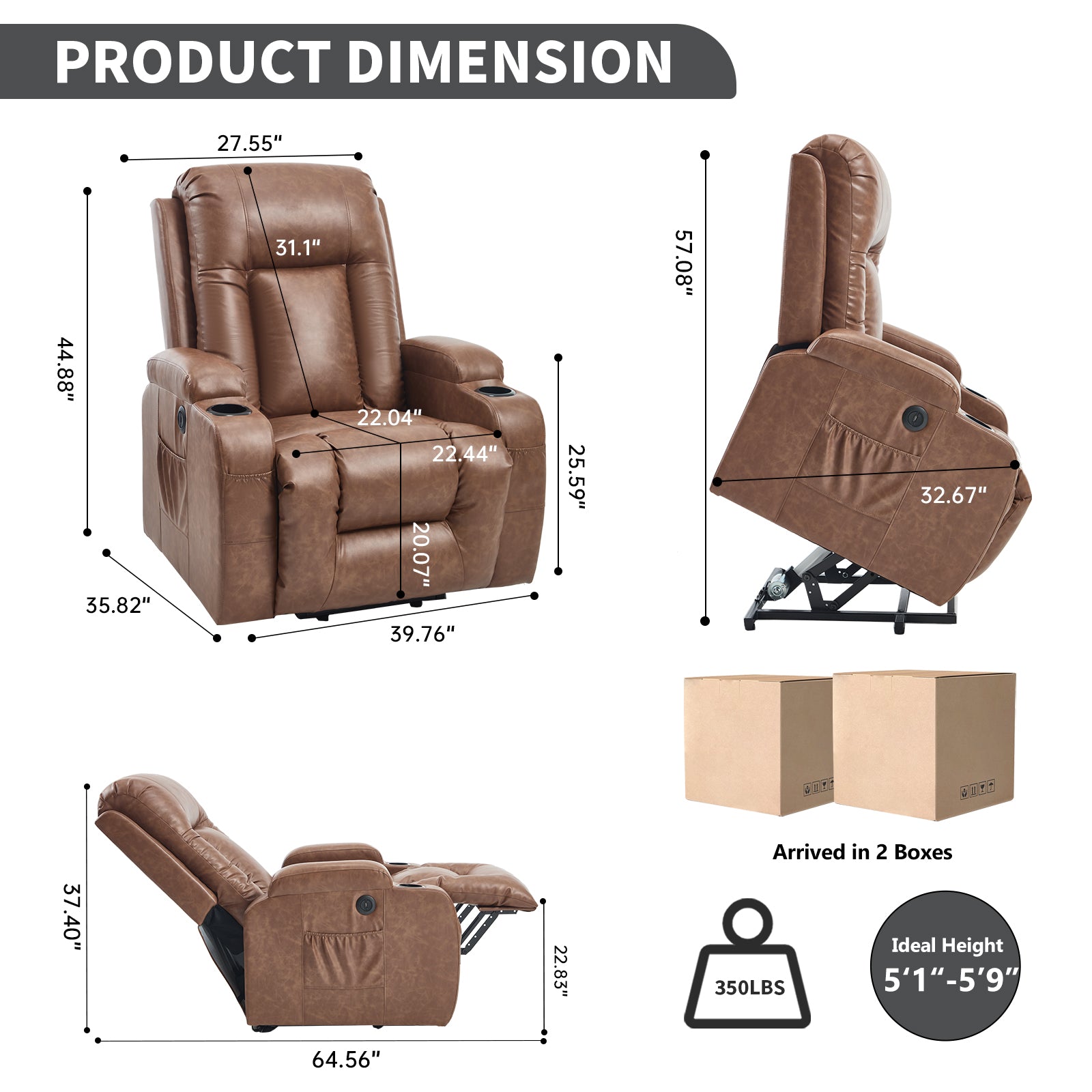HOMREST PU Infinite Position Power Lift Recliner Chair for Elderly, 8-Point Massage & Heating, Brown