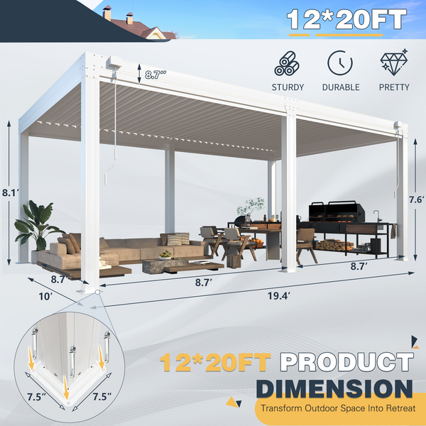 HOMREST 12x20ft Louvered Pergola with 6-Panel Pull-Down Screen, White