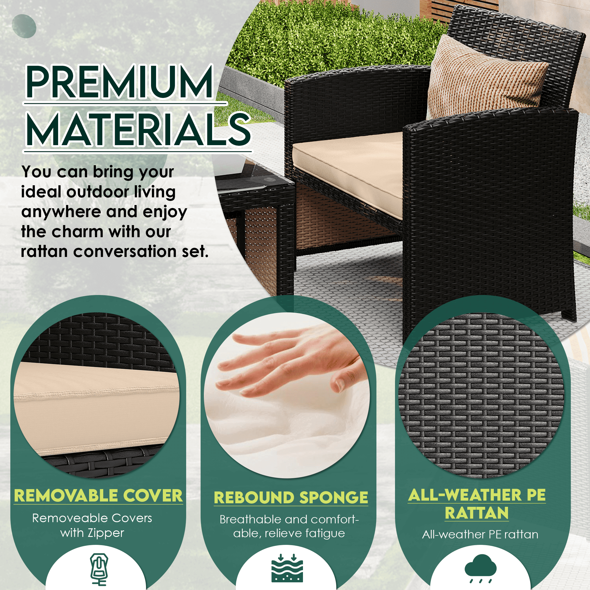 HOMREST 4-Piece Patio Furniture Set, Outdoor Wicker Patio Conversation Set with Cushions, Sofa & Glass Coffee Table, Khaki