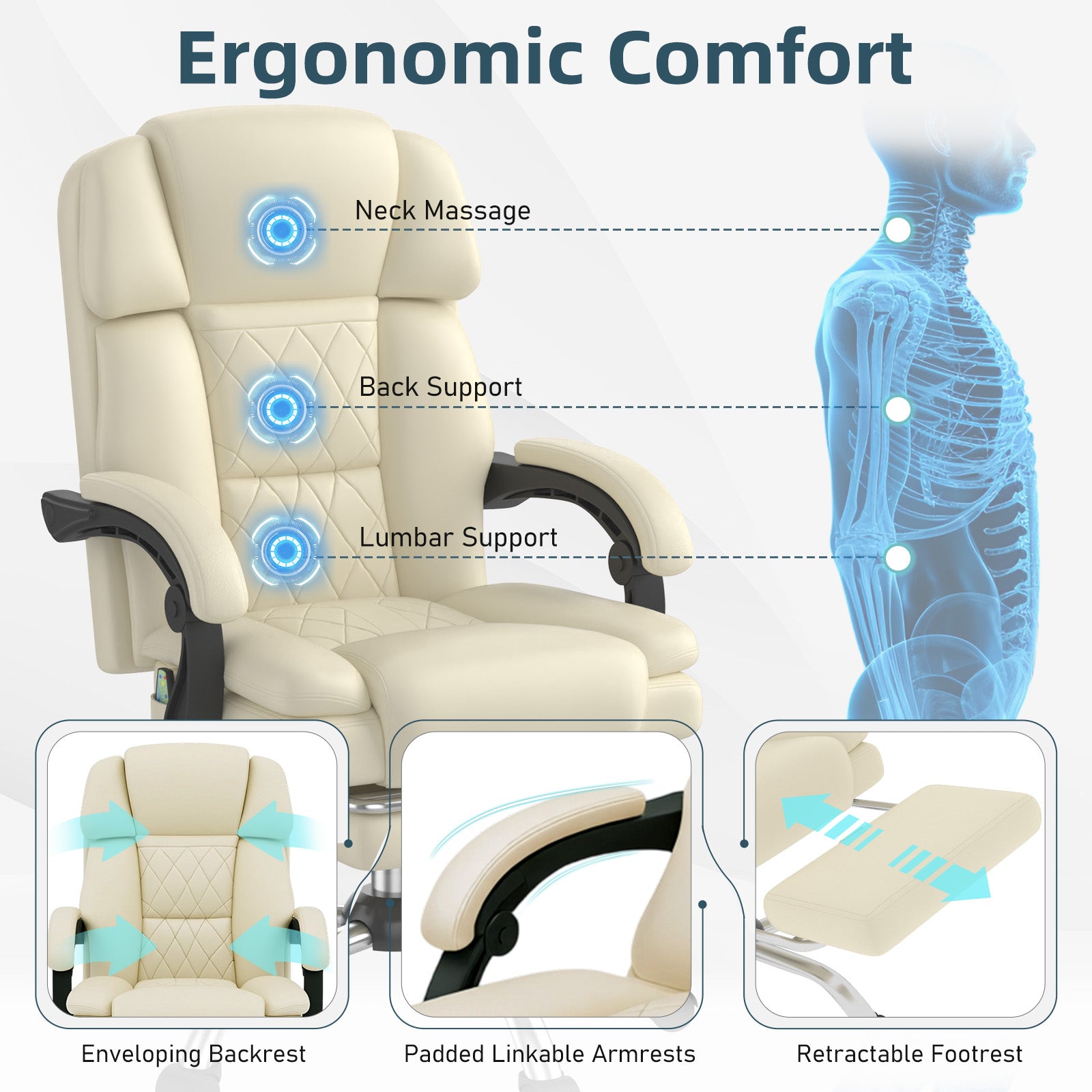 HOMREST 6-Point Massage Office Chair with Heat, Ergonomic Reclining Desk Chair with Footrest, PU Leather Executive Chair for Home Office,Comfortable Computer Chair Gift for Women, Off White