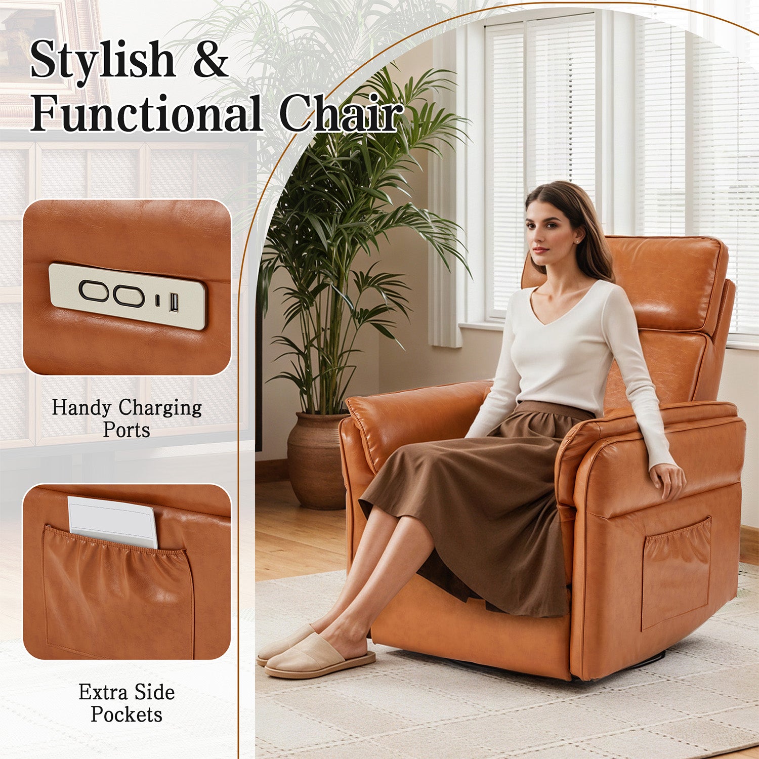 HOMREST Power Swivel Rocking Recliner Chair with Adjustable Headrest and Armrests, Brown
