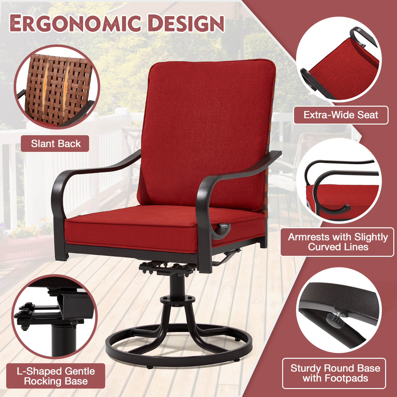 HOMREST Swivel Patio Chairs Set of 2 with Thickened Cushions, Red