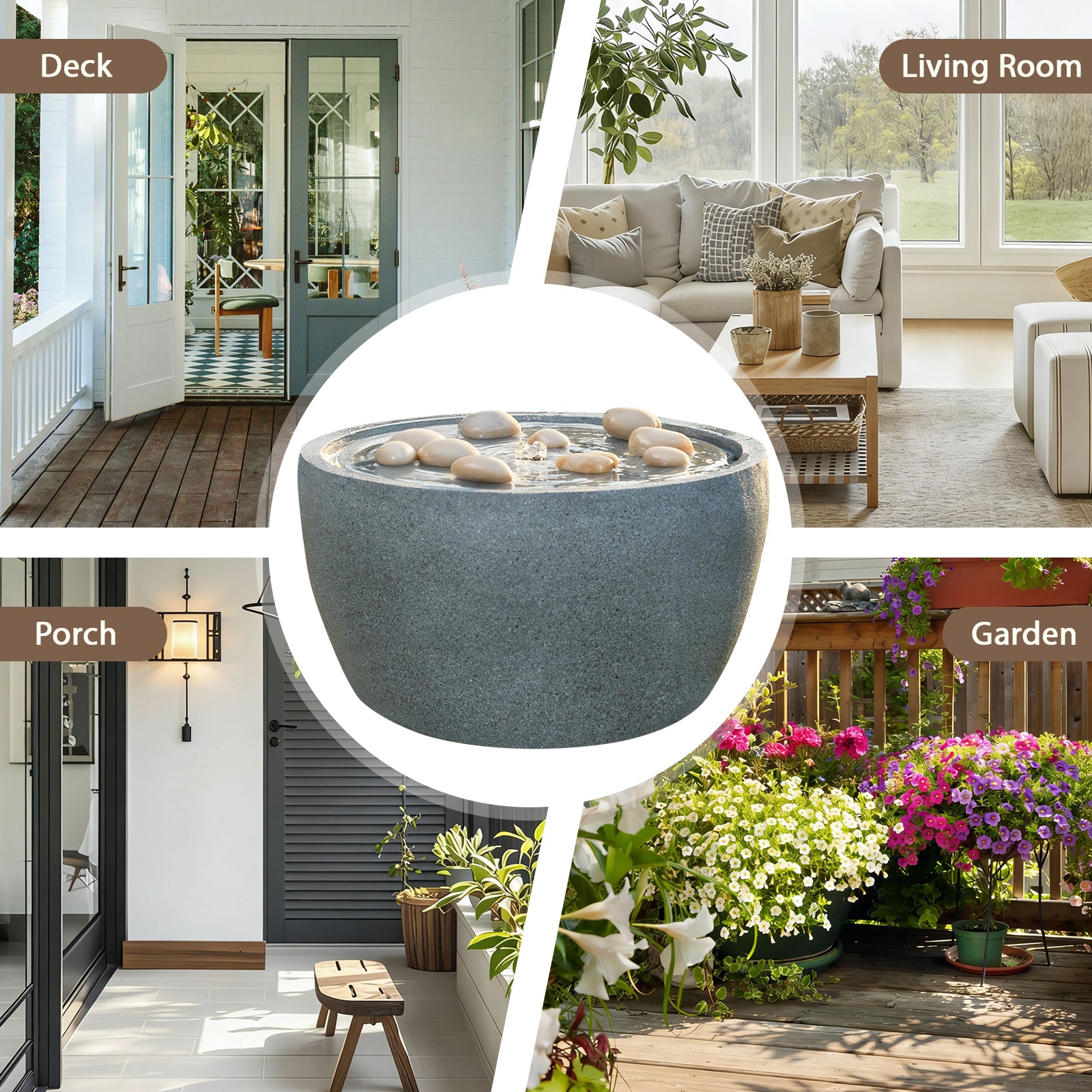 HOMREST 10.6"Tall Outdoor Water Fountain - Resin Garden Water Feature with LED Lights Effect for Patio Deck Yard Home,Gray
